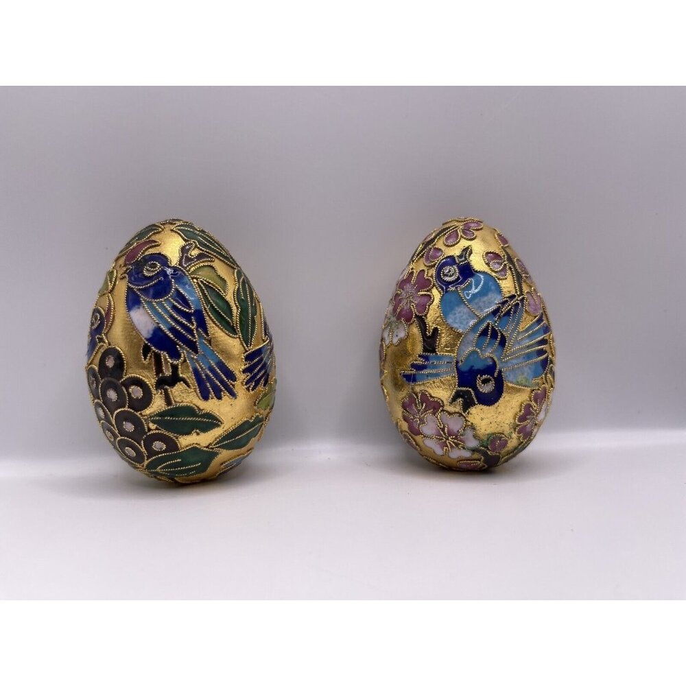 GOLDEN TREASURES CLOISONNE COLLECTIBLE EGGS VINTAGE (2)- Blue Birds